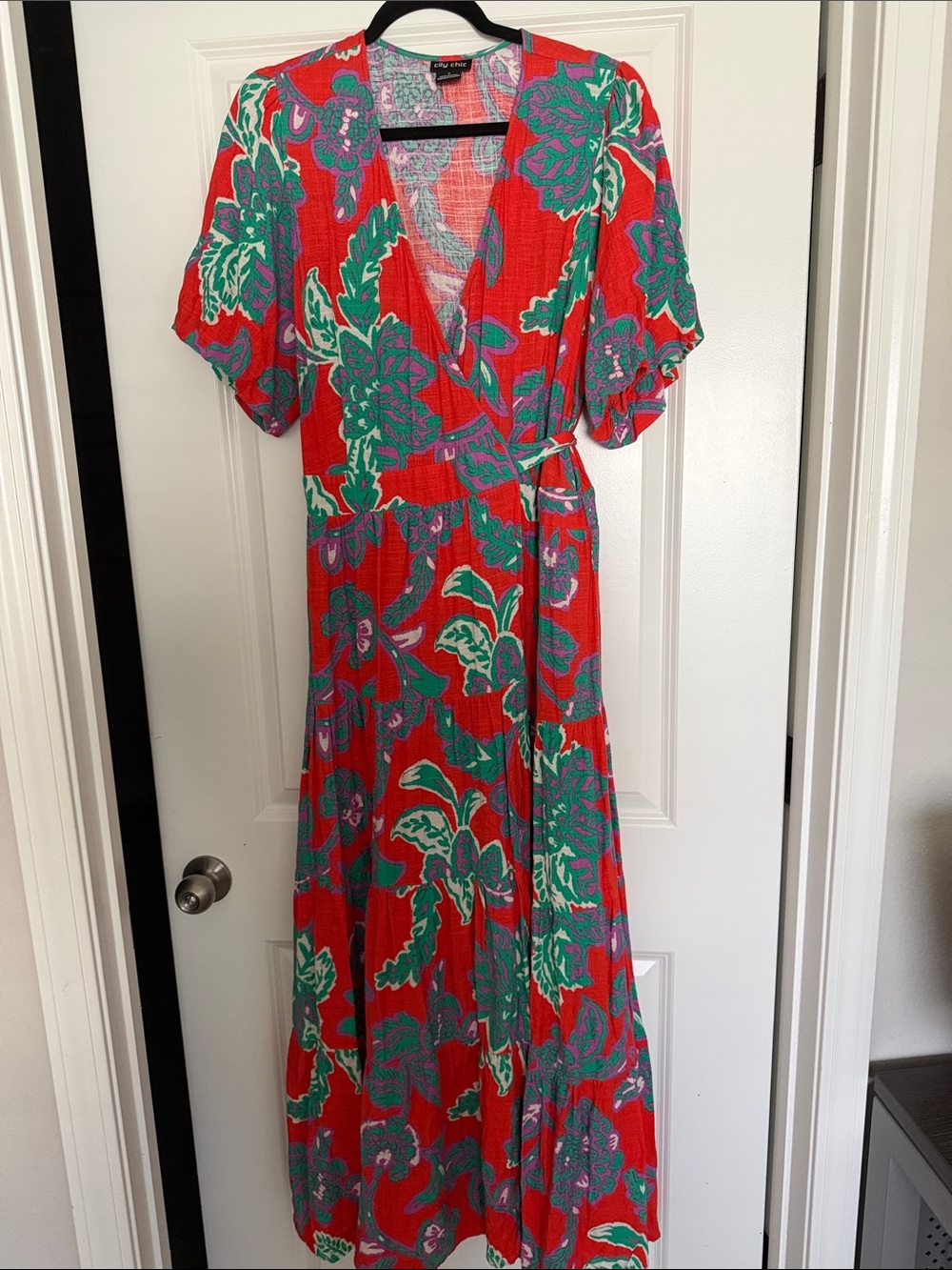 City Chic Red Maxi Wrap Dress with Green & Purple Floral Print